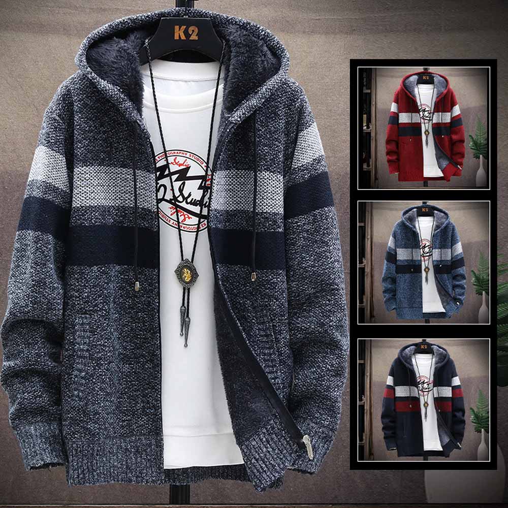 Mens, Faliza, Striped, Zipper, Wool, Knitted, Hooded, Sweater, Sweater, Coat, Thick, Fleece, Warm, Cardigan, grey, winter, fashion, blue, navy, red