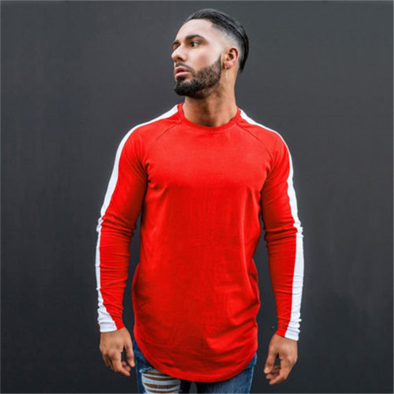 Slim, Fit, Men, Casual, Long, Sleeve, T-Shirt,  Black, Red, O, Neck, Plain, Male, Tee, Tops, sweater, mens, casual, sports, fitness, red, black, blue