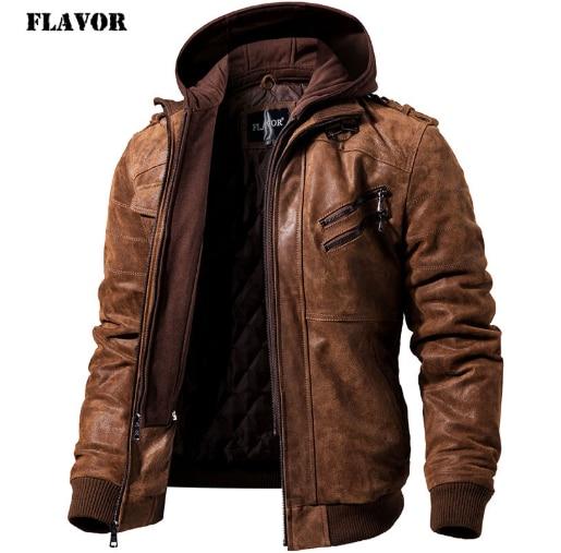 Men's, Leather, Jacket, brown, casual, zip up, hooded