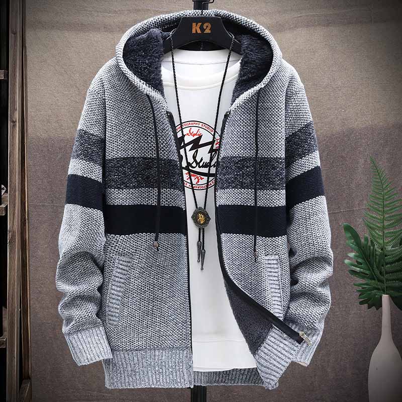 Mens, Faliza, Striped, Zipper, Wool, Knitted, Hooded, Sweater, Sweater, Coat, Thick, Fleece, Warm, Cardigan, grey, winter, fashion, blue, navy, red