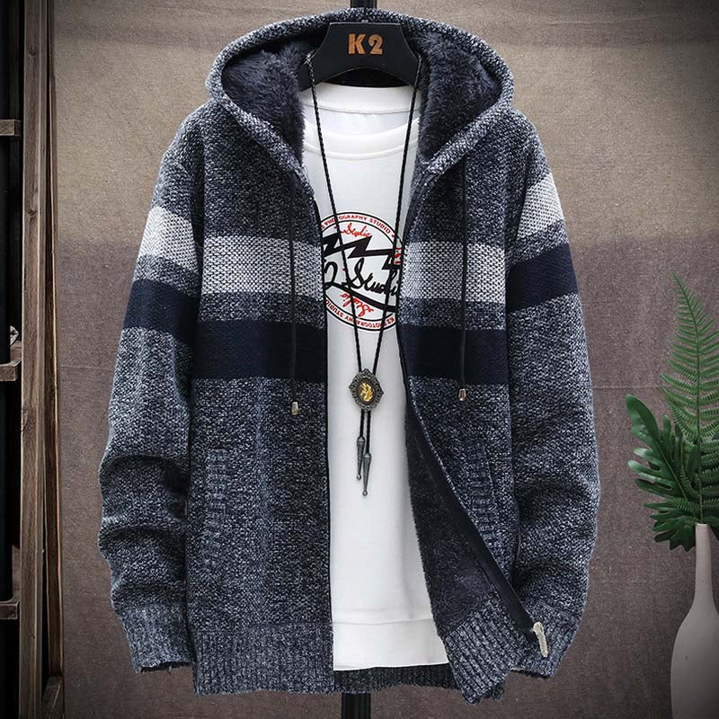 Mens, Faliza, Striped, Zipper, Wool, Knitted, Hooded, Sweater, Sweater, Coat, Thick, Fleece, Warm, Cardigan, grey, winter, fashion, blue, navy, red