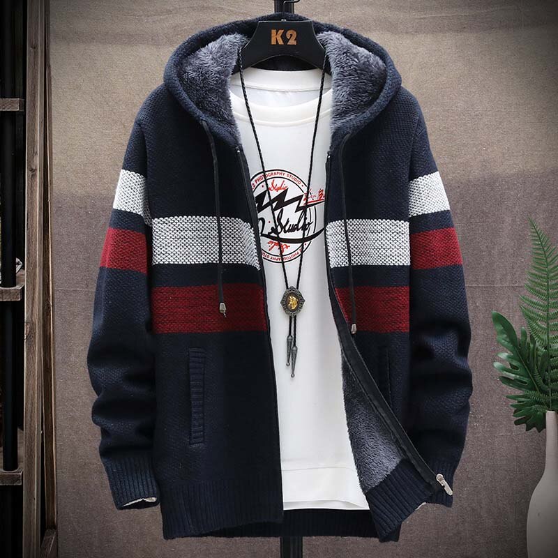 Mens, Faliza, Striped, Zipper, Wool, Knitted, Hooded, Sweater, Sweater, Coat, Thick, Fleece, Warm, Cardigan, grey, winter, fashion, blue, navy, red