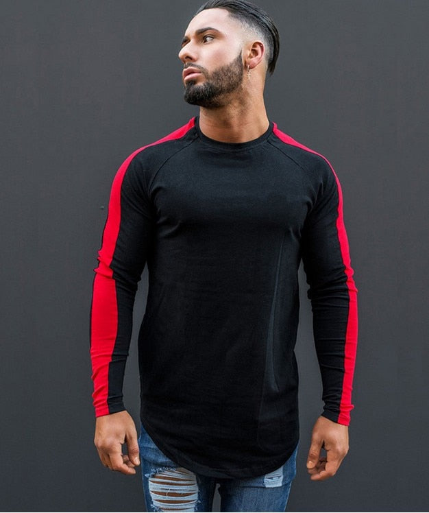 Slim, Fit, Men, Casual, Long, Sleeve, T-Shirt,  Black, Red, O, Neck, Plain, Male, Tee, Tops, sweater, mens, casual, sports, fitness, red, black, blue