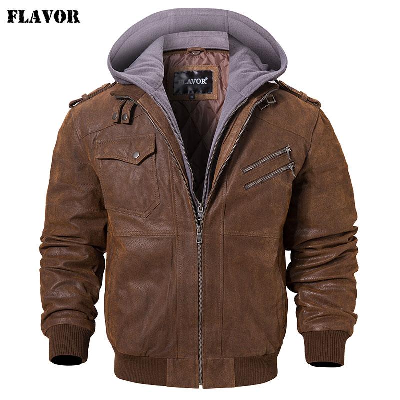 Men's, Leather, Jacket, brown, casual, zip up, hooded