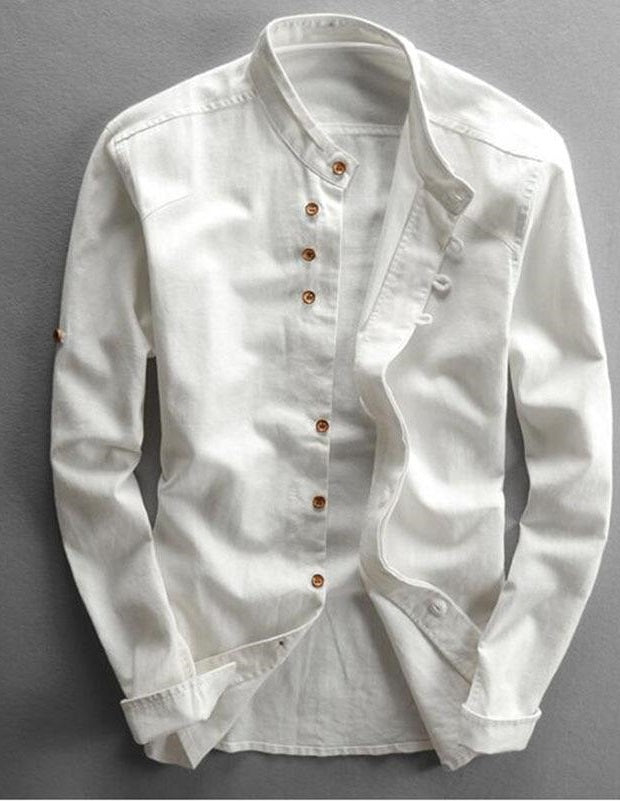 Mens, Linen, Shirts, Long, Sleeved, Men, Casual, Slim, Mandarin, Collar, Shirts, Summer, Shirt, blue, button, up, white Edit alt text