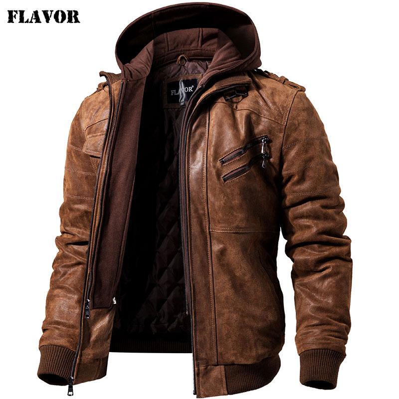 Men's, Leather, Jacket, brown, casual, zip up, hooded