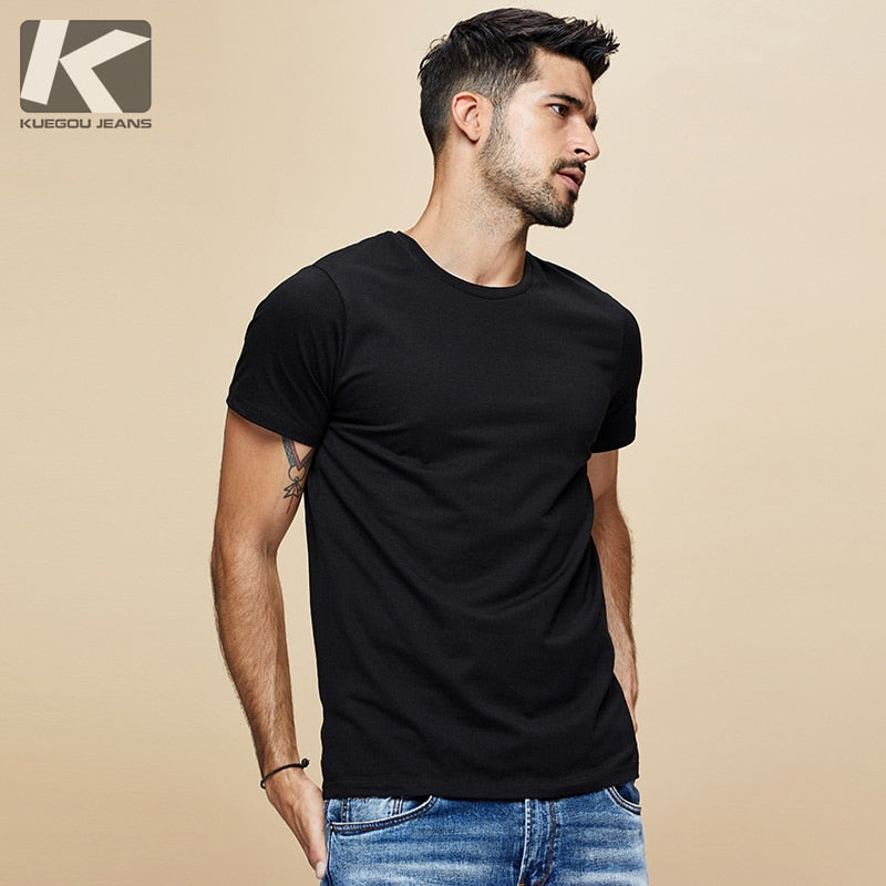 Mens, Cotton, Summer, short, sleeved, T-shirt, Plain, White, Short, Tee, casual, tops, casual, black, KUEGOU 