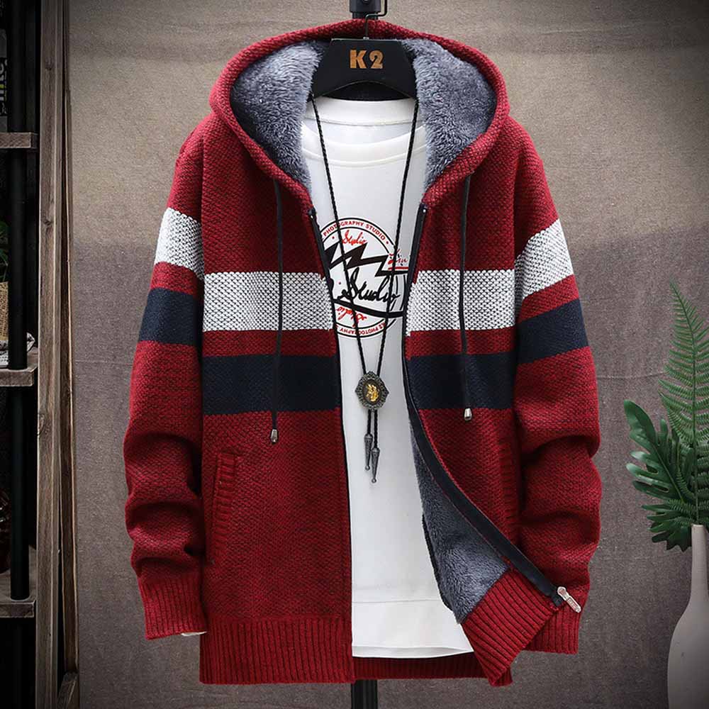 Mens, Faliza, Striped, Zipper, Wool, Knitted, Hooded, Sweater, Sweater, Coat, Thick, Fleece, Warm, Cardigan, grey, winter, fashion, blue, navy, red