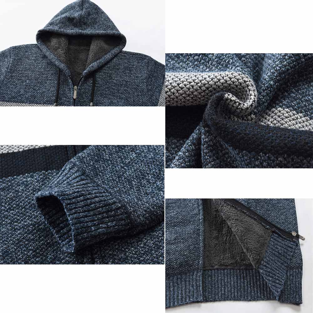 Mens, Faliza, Striped, Zipper, Wool, Knitted, Hooded, Sweater, Sweater, Coat, Thick, Fleece, Warm, Cardigan, grey, winter, fashion, blue, navy, red