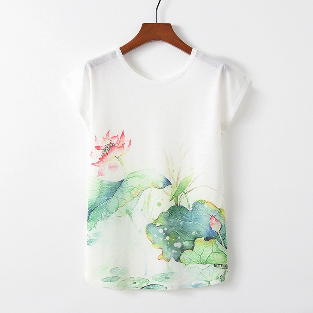 Womens, plain, T-shirt, flowers