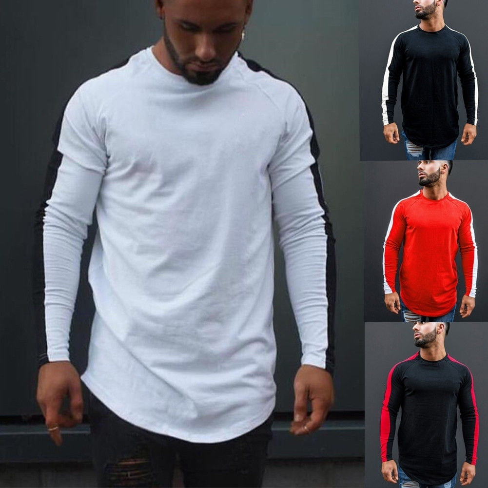 Slim, Fit, Men, Casual, Long, Sleeve, T-Shirt,  Black, Red, O, Neck, Plain, Male, Tee, Tops, sweater, mens, casual, sports, fitness, red, black, blue