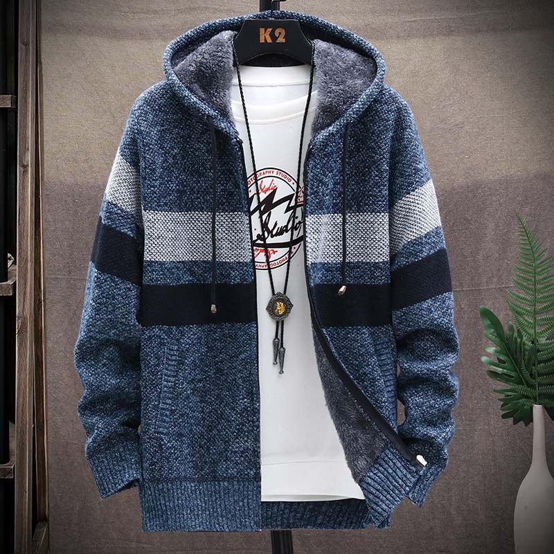 Mens, Faliza, Striped, Zipper, Wool, Knitted, Hooded, Sweater, Sweater, Coat, Thick, Fleece, Warm, Cardigan, grey, winter, fashion, blue, navy, red