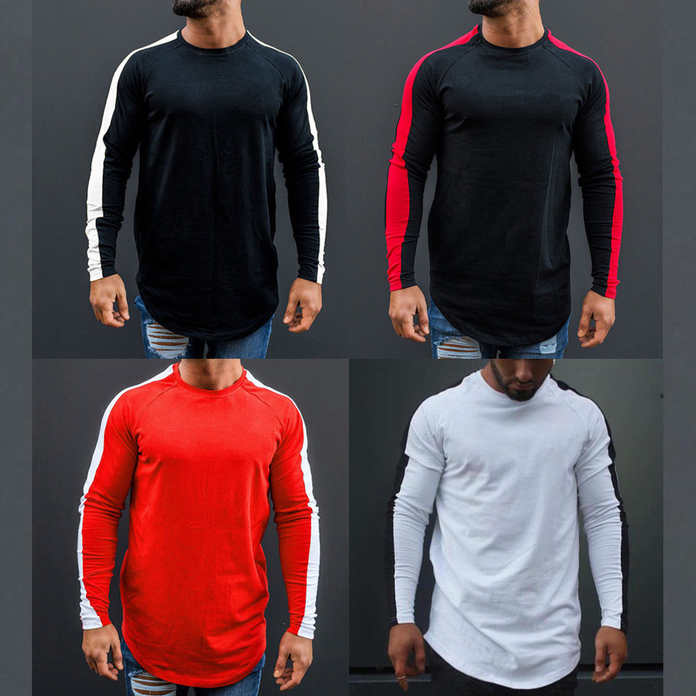 Slim, Fit, Men, Casual, Long, Sleeve, T-Shirt,  Black, Red, O, Neck, Plain, Male, Tee, Tops, sweater, mens, casual, sports, fitness, red, black, blue